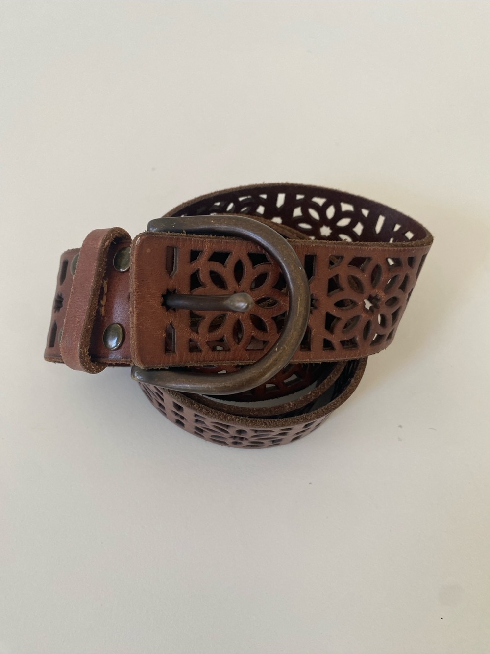 Lucky Brand Brown 100% Leather Western Cut Floral Belt with Antique-Style Buckle